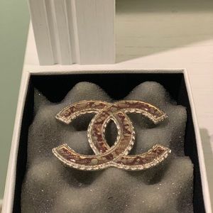 Authentic CHANEL Silver CC Logo Lace Resin Brooch